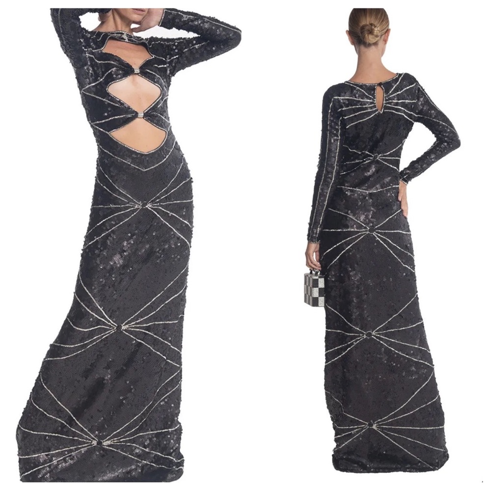 House of Muamua bow tie sequin long sleeve gala gown dress